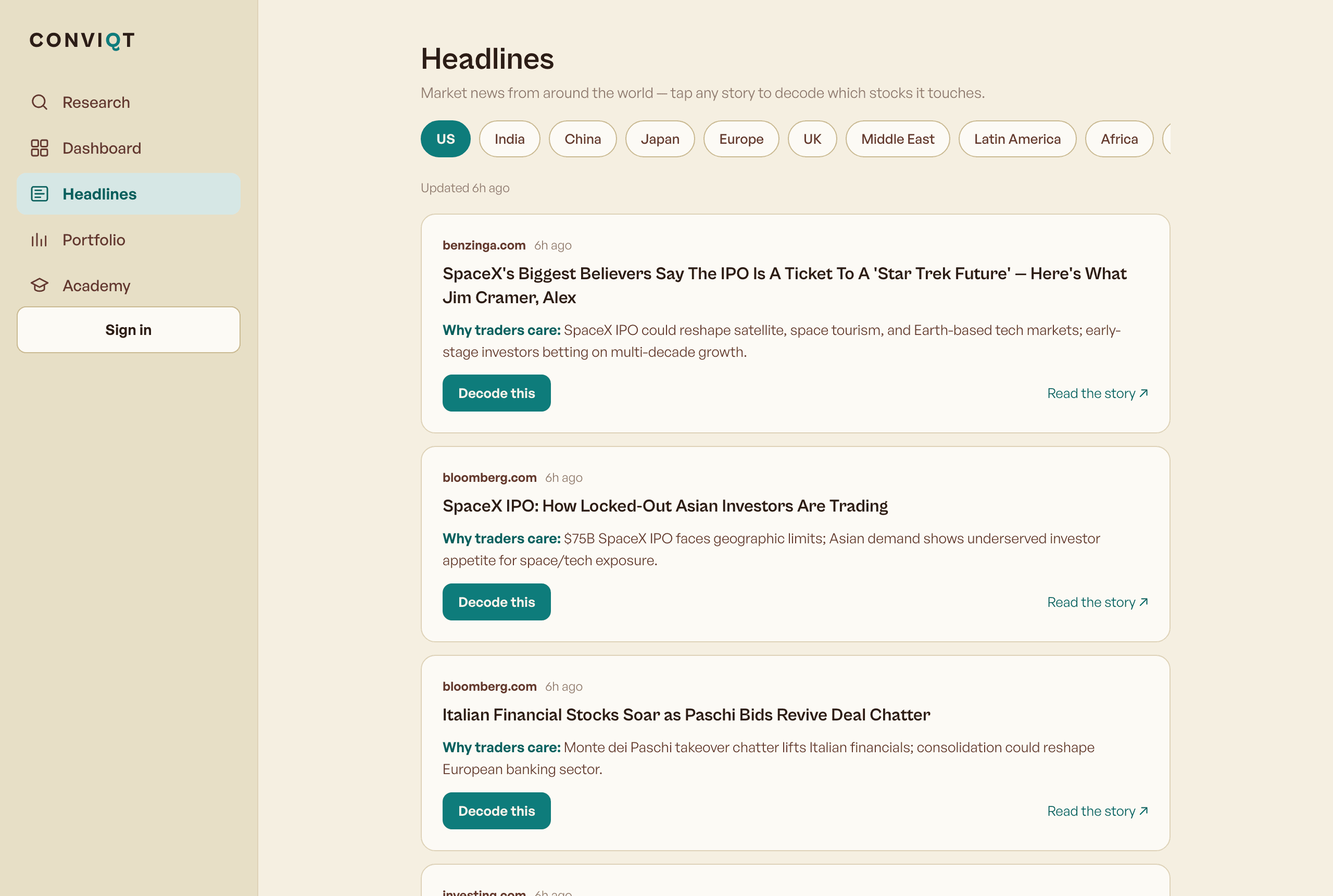 Conviqt Headlines: region tabs and headlines, each with a one-line read on why traders care